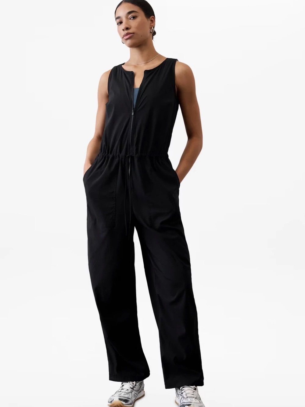 ATHLETA Flex Jumpsuit Zip Front Drawstring Legs Pockets Black Sz S